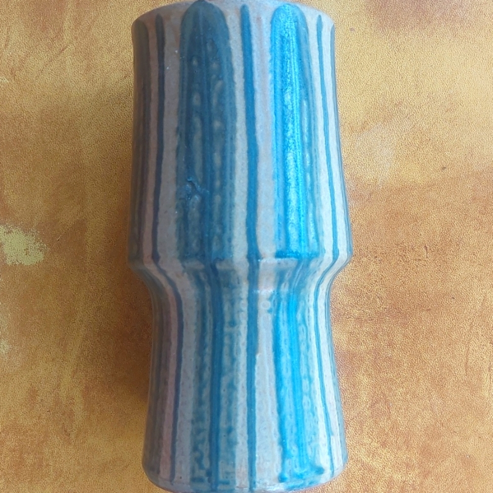 Mid Century Modern Pottery Vase, Japanese Signed Kanji 1960s blue & tan